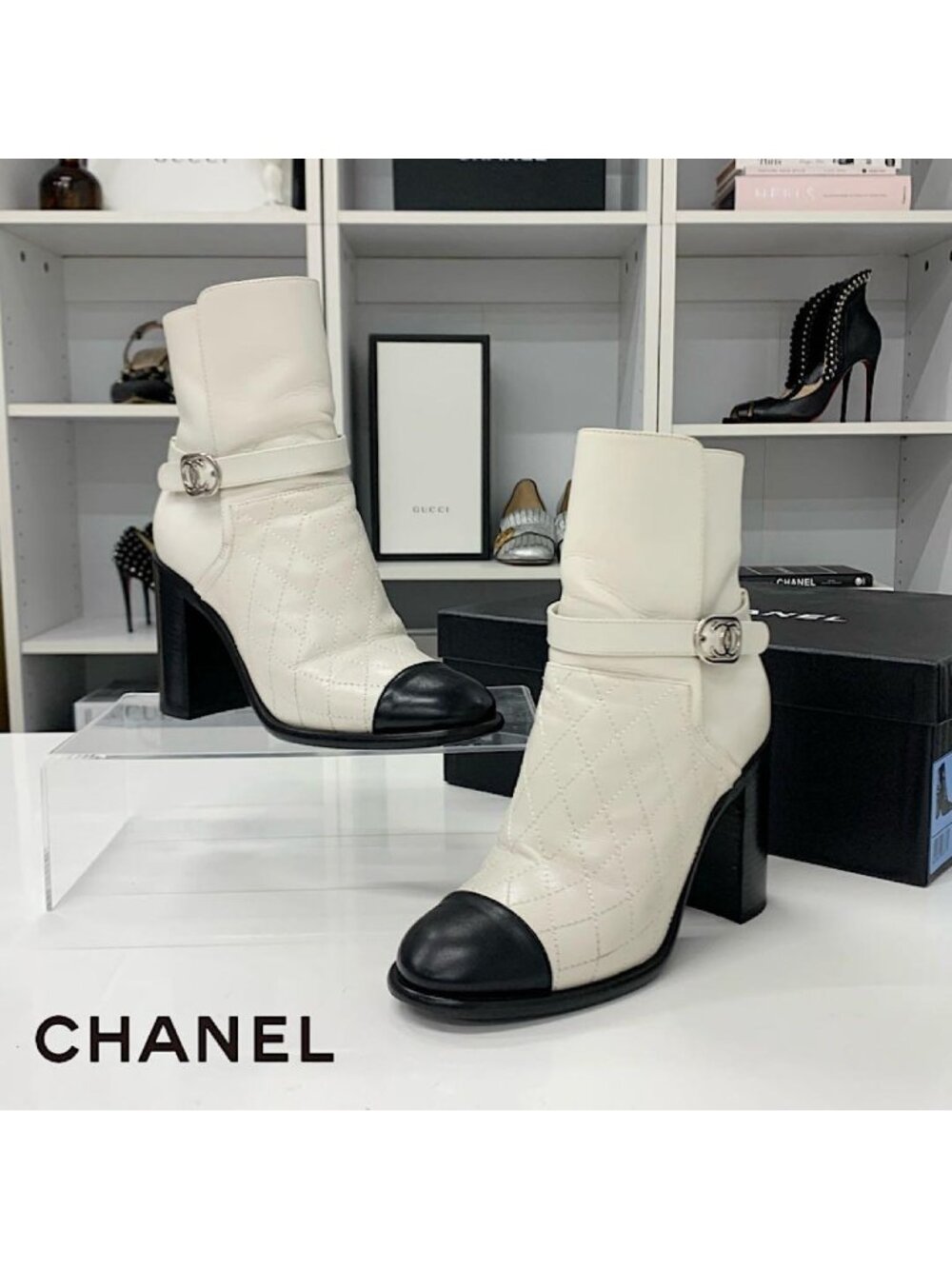 Chanel Leather CC Logo Quilted Wild Stitch Short Boots